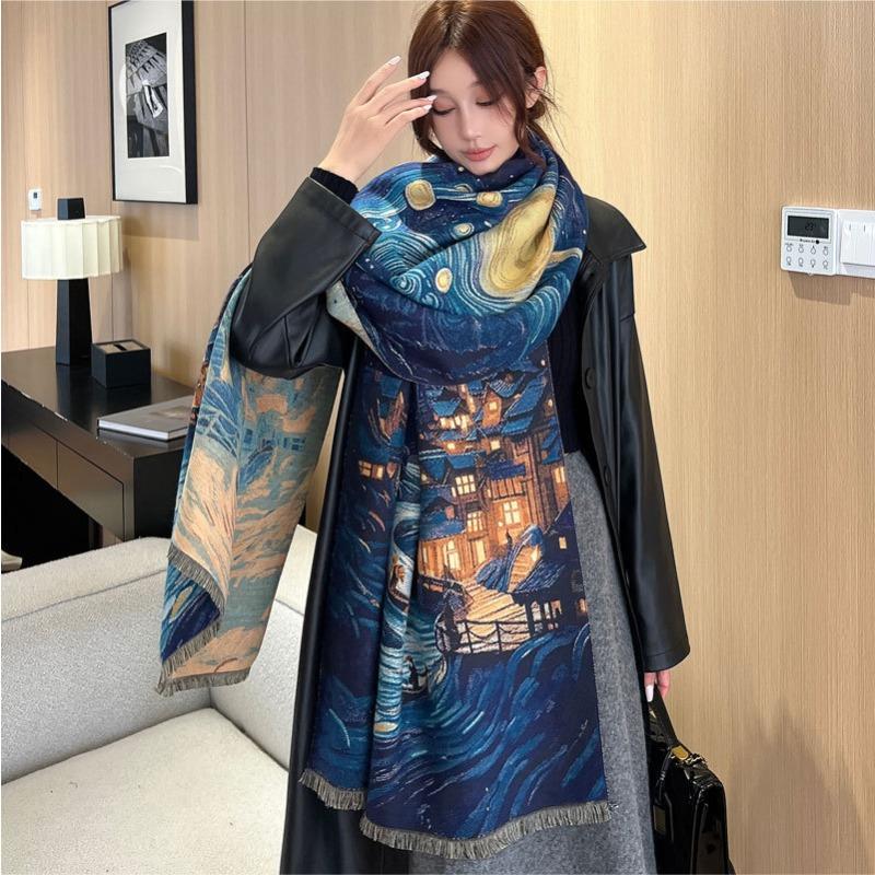 Autumn and Winter Scarf Women's High-end Imitation Cashmere Starry Sky Oil Painting Shawl Versatile Thickened Warm Jacquard Scarf Scarf Scarf