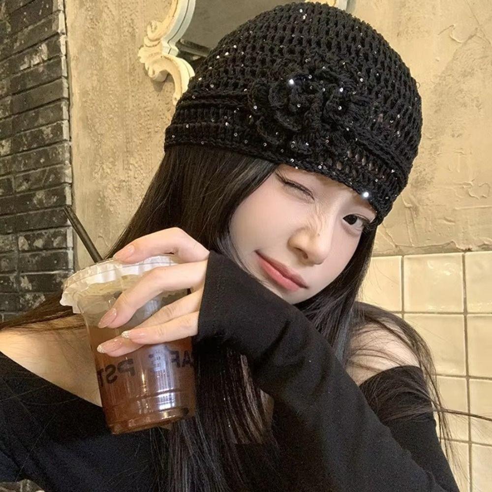 Hand-woven Flower Knitted Caps Hollow Beanies Cap Casual Sequin Crochet Hat  Spring Summer
