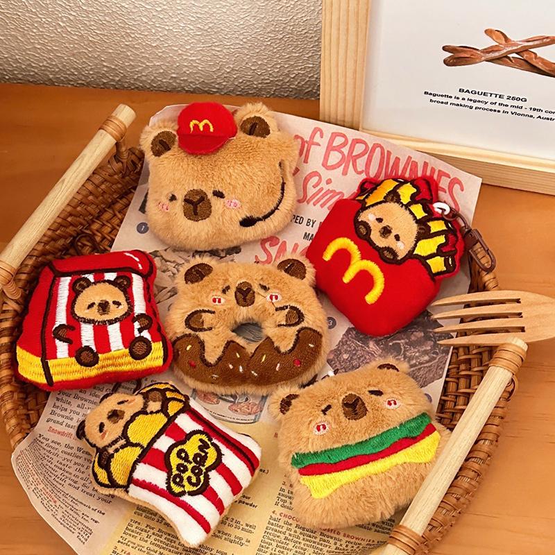 Creative Hamburger Fried Chicken Capybara Keychain Cute Cartoon Food Keyring Lovely Plush Keychains Bag Pendant Couple Gifts