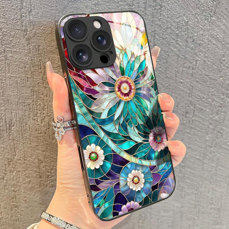 Retro Gothic Stil Bunt Floral Gehärtetes Glas Handyhülle Für iPhone 17 16 15 14 13 12 11 Pro Max 16E 7 8 Plus XR XS X Cover