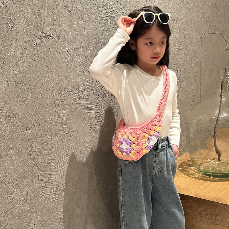 Adorable Knitted Crescent Shaped Kids Bag For Girls With Floral Patterns Perfect For Daily Use