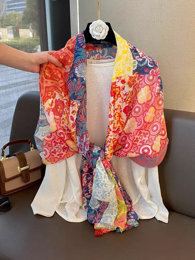 Women'S Floral Print Scarf 180X90Cm Warm Fashion Shawl With Tassels Lightweight Rectangular Sand-Proof Beach Wrap Muslim Hijab