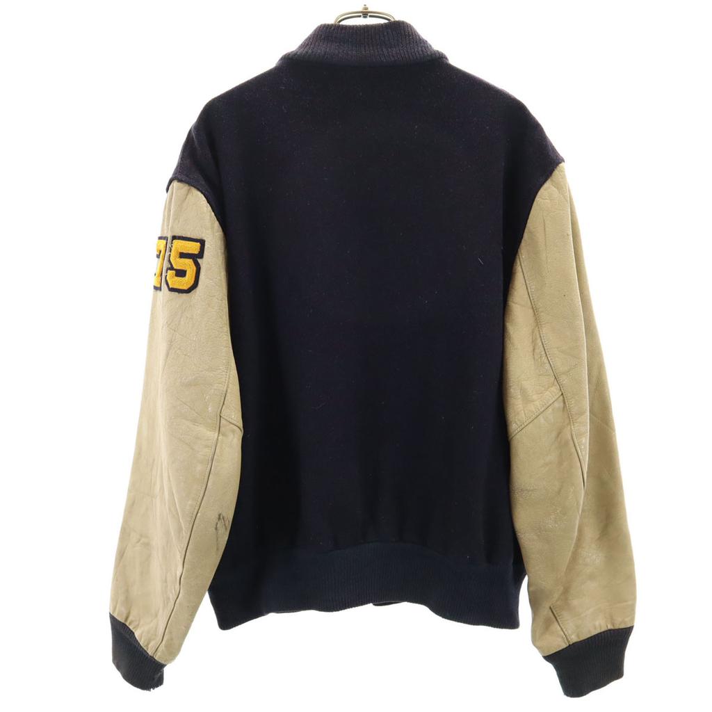 VINTAGE 70s Wappen Leather Switching Award Jacket 44 Navy Stajan Men's Used