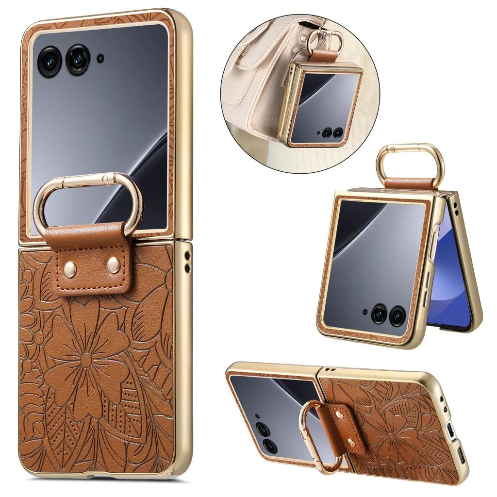 Coque de téléphone anti-chute à motif floral en relief pour Motorola Razr 70 60 50 Ultra avec boucle anneau Housse de protection antichoc plaquée
