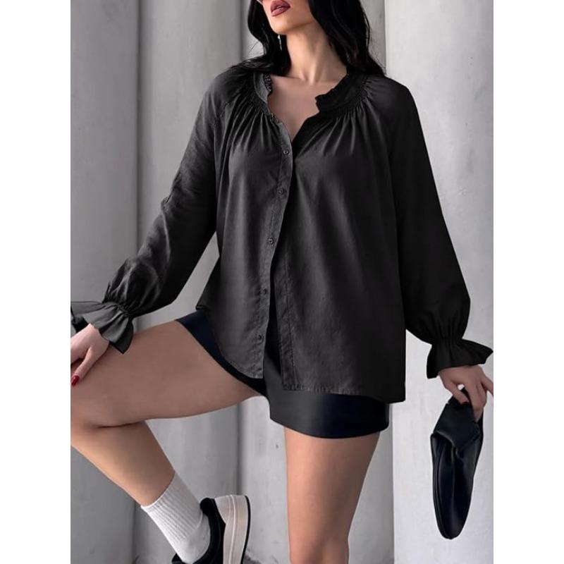 Spring and Autumn New Women's Elegant and Sweet Loose Casual Lantern Sleeve V-neck Ruffle Shirt