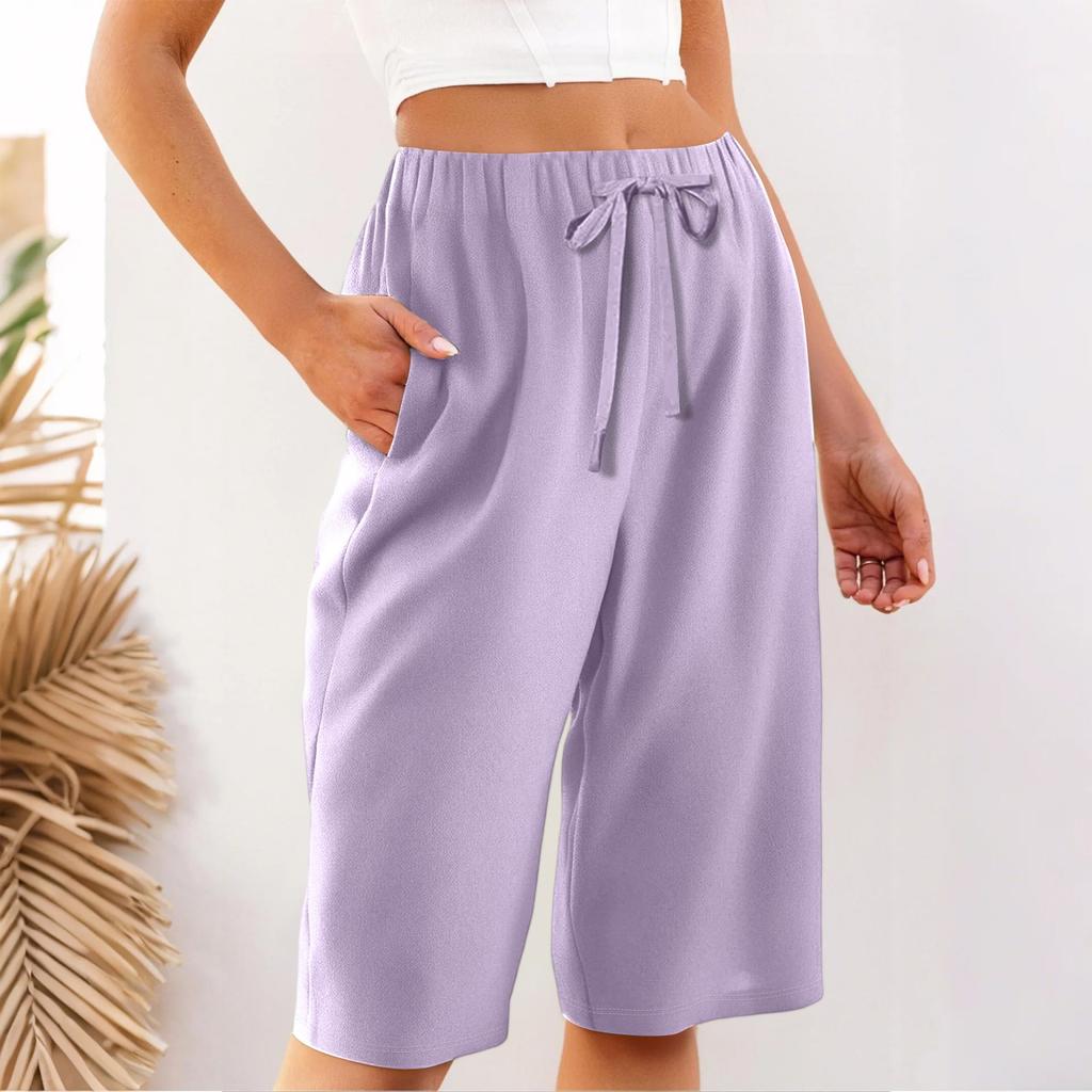 Women's Summer Elasticated Tie Waist Solid Colour Cotton & Linen Loose Shorts