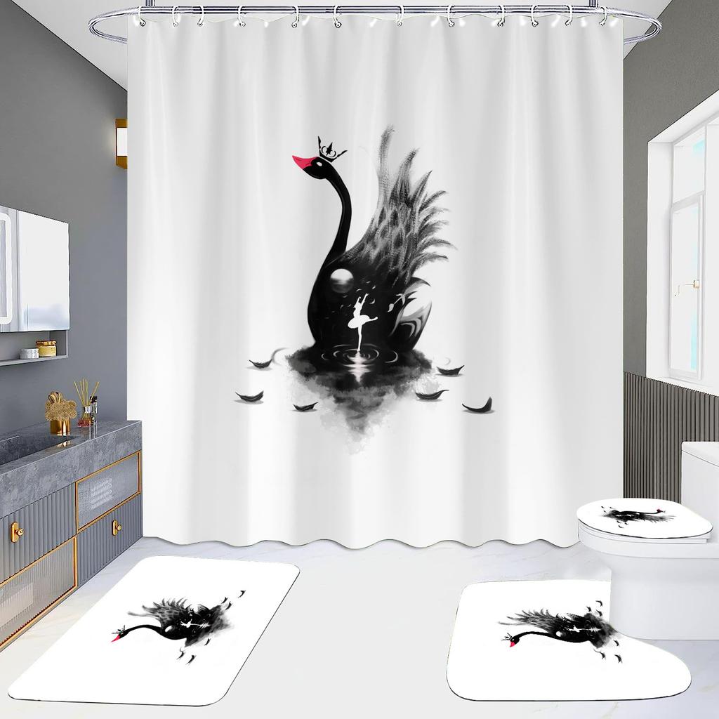 Pink Flamingo Printing Shower Curtain Set For Bathroom Non Slip Lovebird Bath Mat And Curtain Set Bath Rug Toilet Carpet