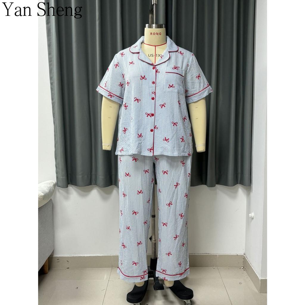 Kadın Pijama Takımı Büyük Beden Yazlık İnce Kısa Kollu Kabarcıklı Kırışık Baskılı Sevimli Nefes Alabilen Ev Giyimi Uyku İçin