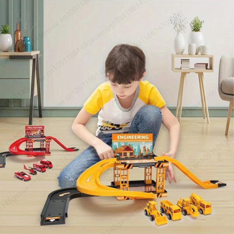 Children's rail car sliding toy first floor rail fire engineering vehicle dinosaur parking lot toy play house gift