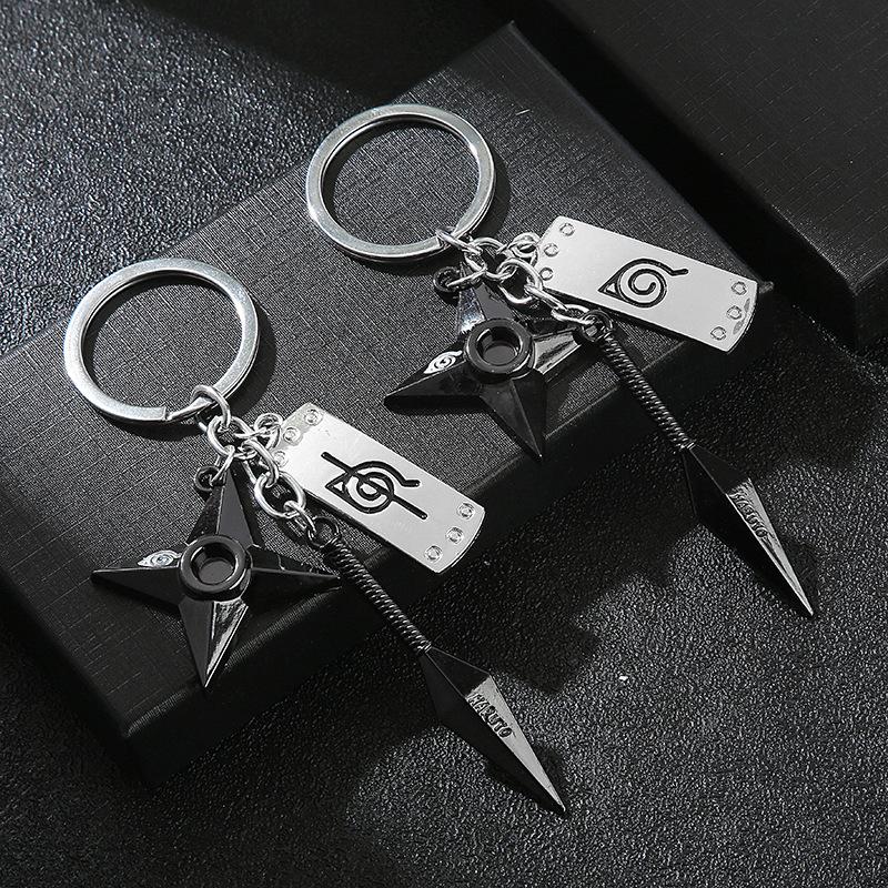 New Anime Keychain Naruto Kunai Modle Keyrings Konoha Symbol Akatsuki Pendant Key Chains Car Bag Keyfob Trinket Fans Gift
