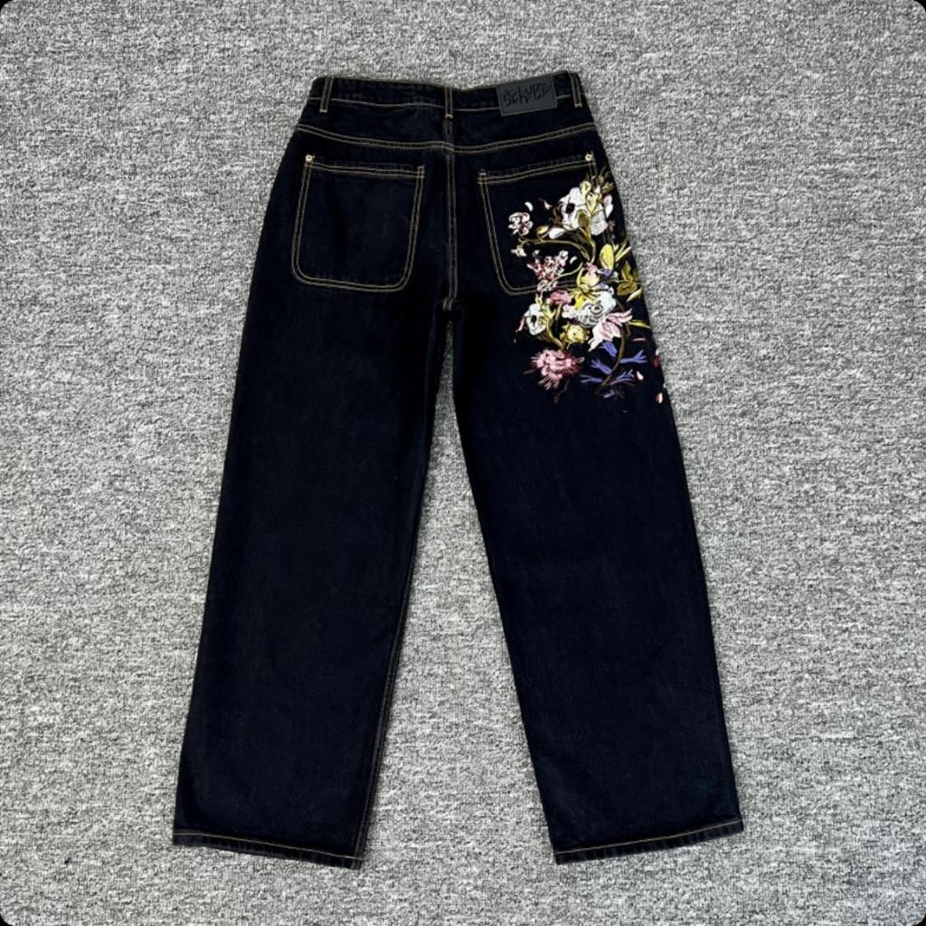 American Retro Harajuku Floral Embroidery Baggy Jeans Men High Street Trendy Streetwear Y2K Casual Straight Pants