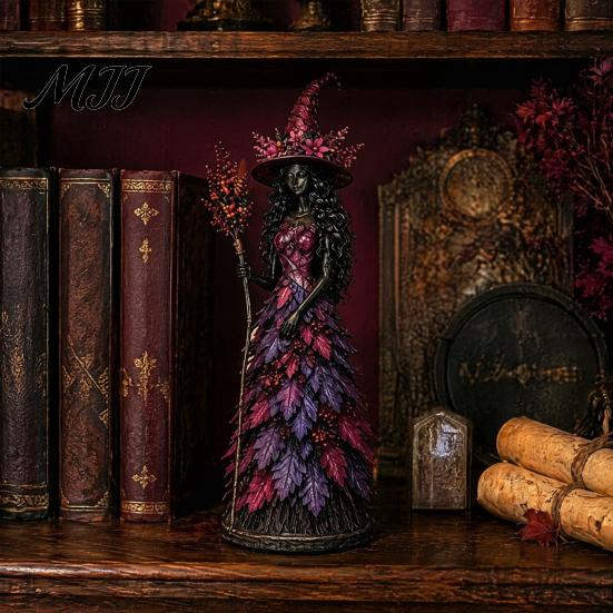 Halloween Witch Figurine Autumn Figurine, Fall Tabletop Statue with Leaf Resin Sculpture Table Ornament Gown, Seasonal Decoration for Mantel