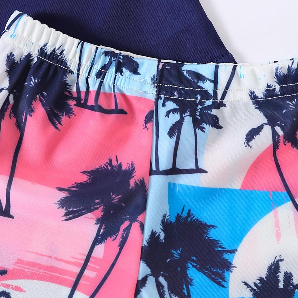 Chłopięcy hawajski szybkoschnący zestaw plażowy: Top z krótkim rękawem i szorty kąpielowe z nadrukiem kokosów