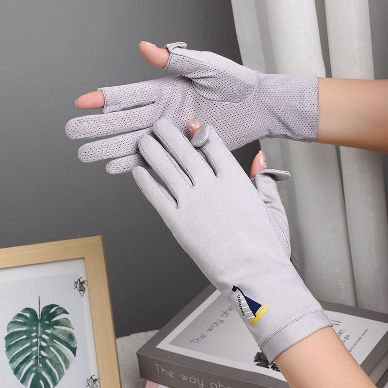 

Summer Sun Protection Gloves Women Pure Cotton Spring and Autumn Driving Riding Non-Slip Breathable Sun Protection UV Protection Thin Touch Screen Print Sailboat-Ash All yards