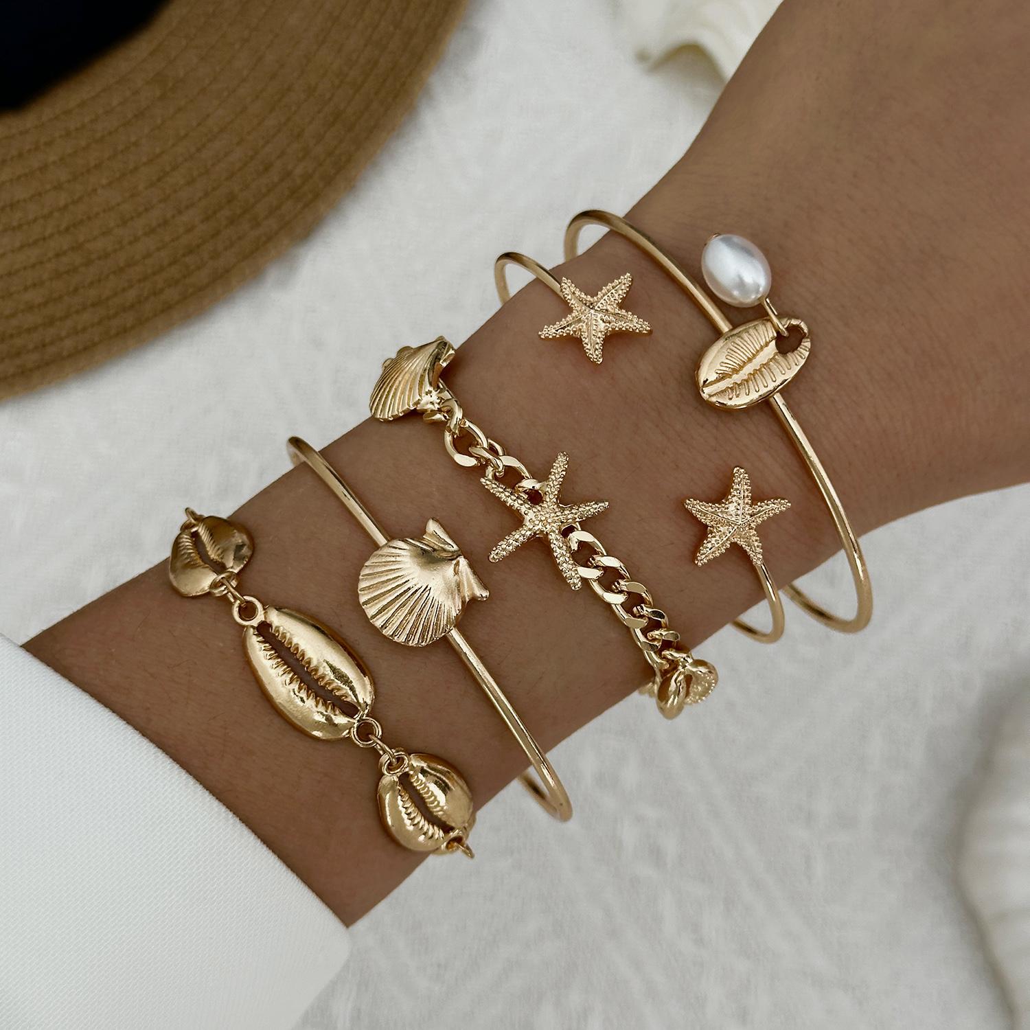 

Mermaidcore Ocean Aesthetic Chic Stacked Bracelets Set Women 5Pcs Starfish Cowrie Shell Layered Bangle Beach Party Charm Zircon