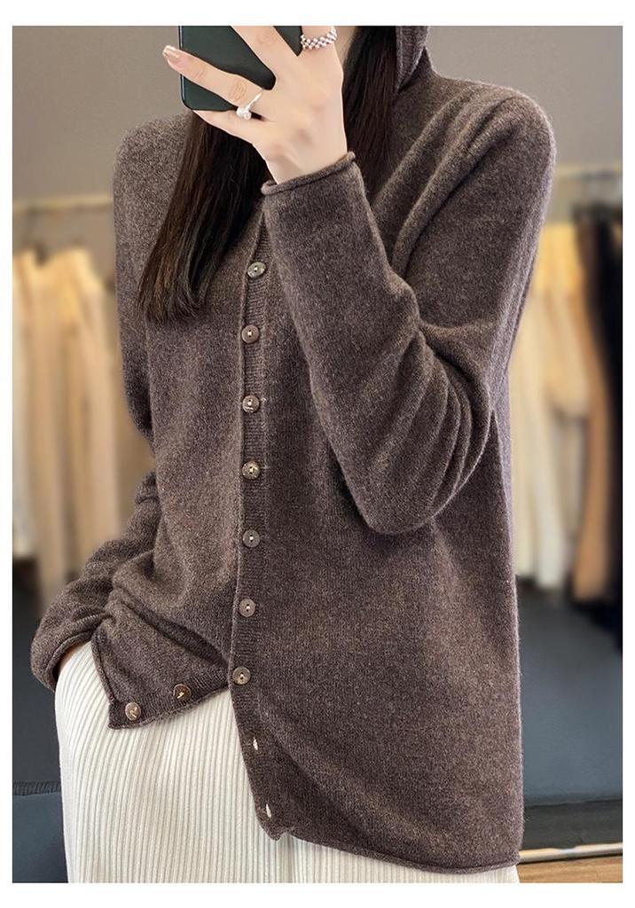 Women's Fashionable Pure Wool Cashmere Hoodie Cardigan - Autumn/Winter Knitwear Long Sleeve Loose Sweater.