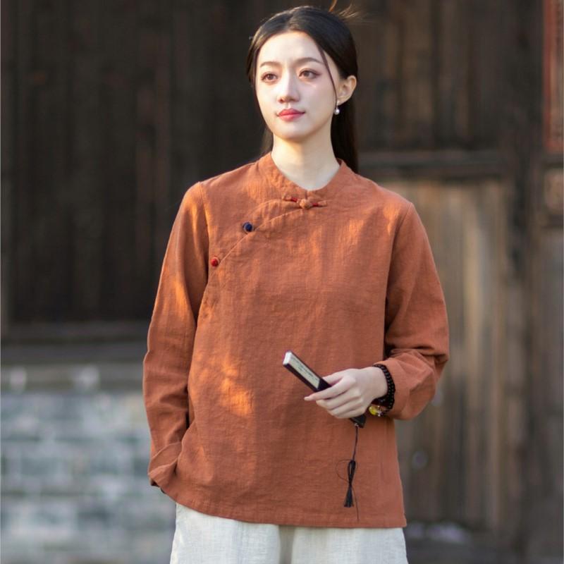 Johnature Women Vintage Shirts Stand Tops Spring Chinese Style Solid Color Long Sleeve Button Female Shirts