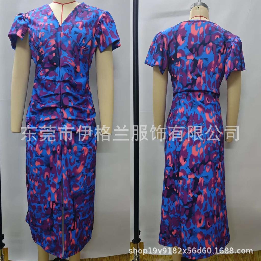 2026 new European and American printed casual V-neck tight-fitting hip-wrapped waist bubble short-sleeved dress