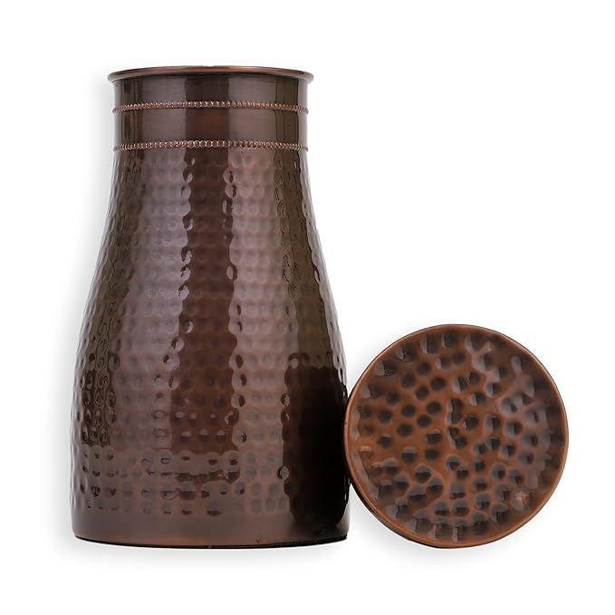 Copper Bedroom Jar with Inbuilt Glass | Rarity Hammered Design | Handcrafted, Leakproof, Jointless | Ayurvedic Benefits, Antioxidant Properties |