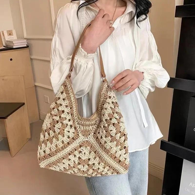 Summer Beach Straw Women Hollow Out Female Vacation Shoulder Bags Hand Woven Seaside Tote Bag Ladies Knitted Handbags