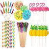 Hawaiian Party Set: 100PCS Colorful Paper Straws, Umbrella Picks, Fruit Picks, Honeycomb Pineapples, Flamingos, Firework Picks