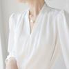 Elegant V-Neck Satin Blouse Women Slim Fit Lightweight Office Shirt 2026 Pure Color