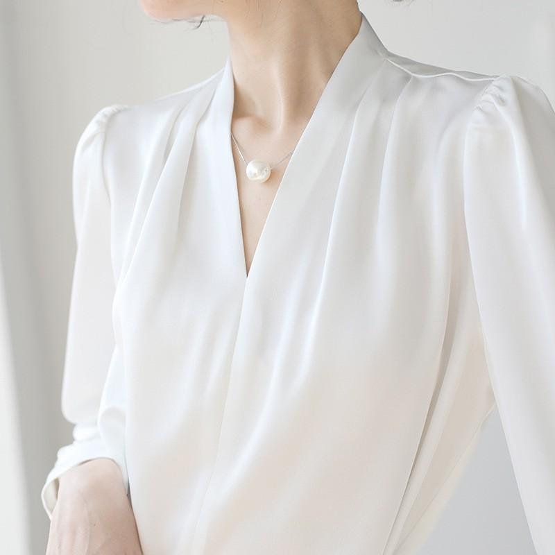 Elegant V-Neck Satin Blouse Women Slim Fit Lightweight Office Shirt 2026 Pure Color