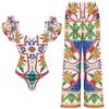 2024 European & American Women's Enamel Print Ruffle Swimsuit Set