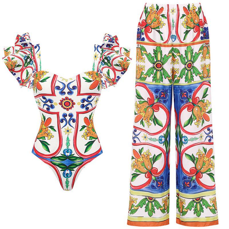 2024 European & American Women's Enamel Print Ruffle Swimsuit Set