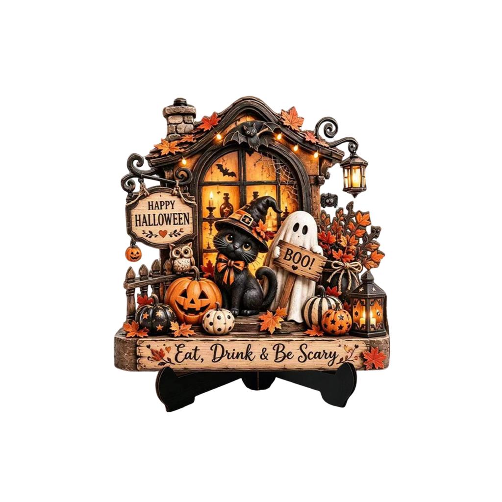 Halloween Wooden Tabletop Decor Pumpkin House - Ornament with Stand for Shelf Mantel