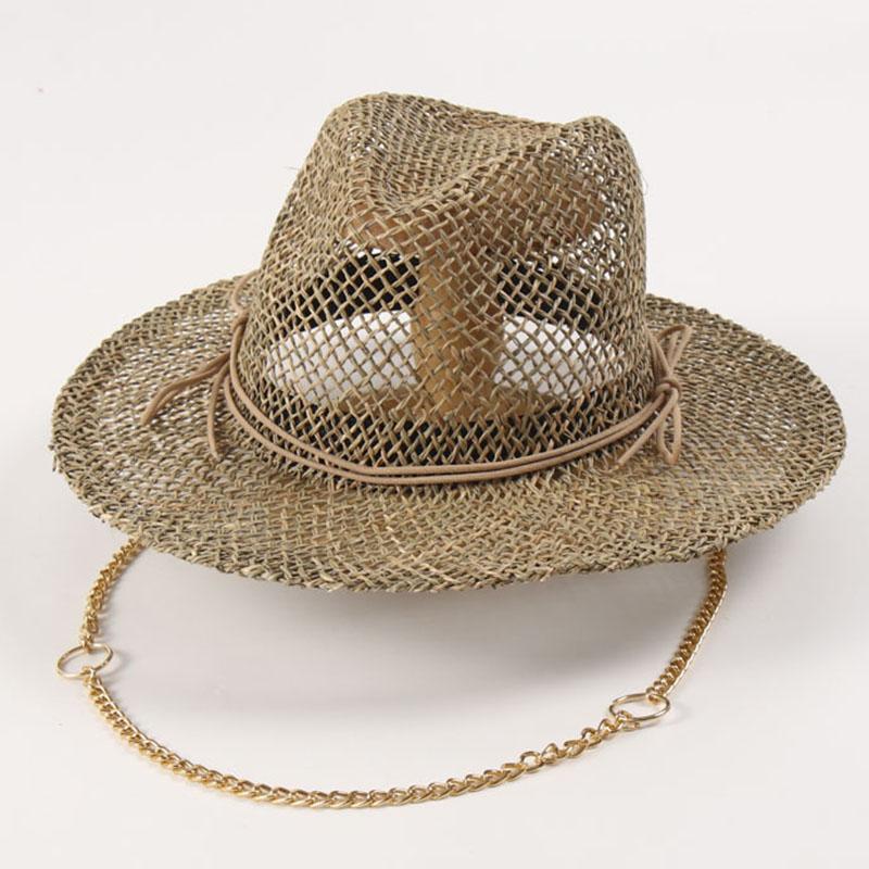Cappello Fedora di Paglia da Donna Cappello da Sole in Erba Marina Lunga Catena Dorata Cappello Panama Estivo A Tesa Larga Cappello da Spiaggia UPF50+ Cappello da Derby per Chiesa Festa in Giardino