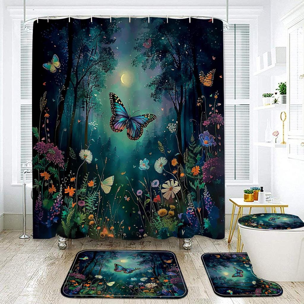 Butterfly Trees, Flowers And Plants, Digital Printing, Shower Curtain, Bathroom Four-Piece Set With Hooks