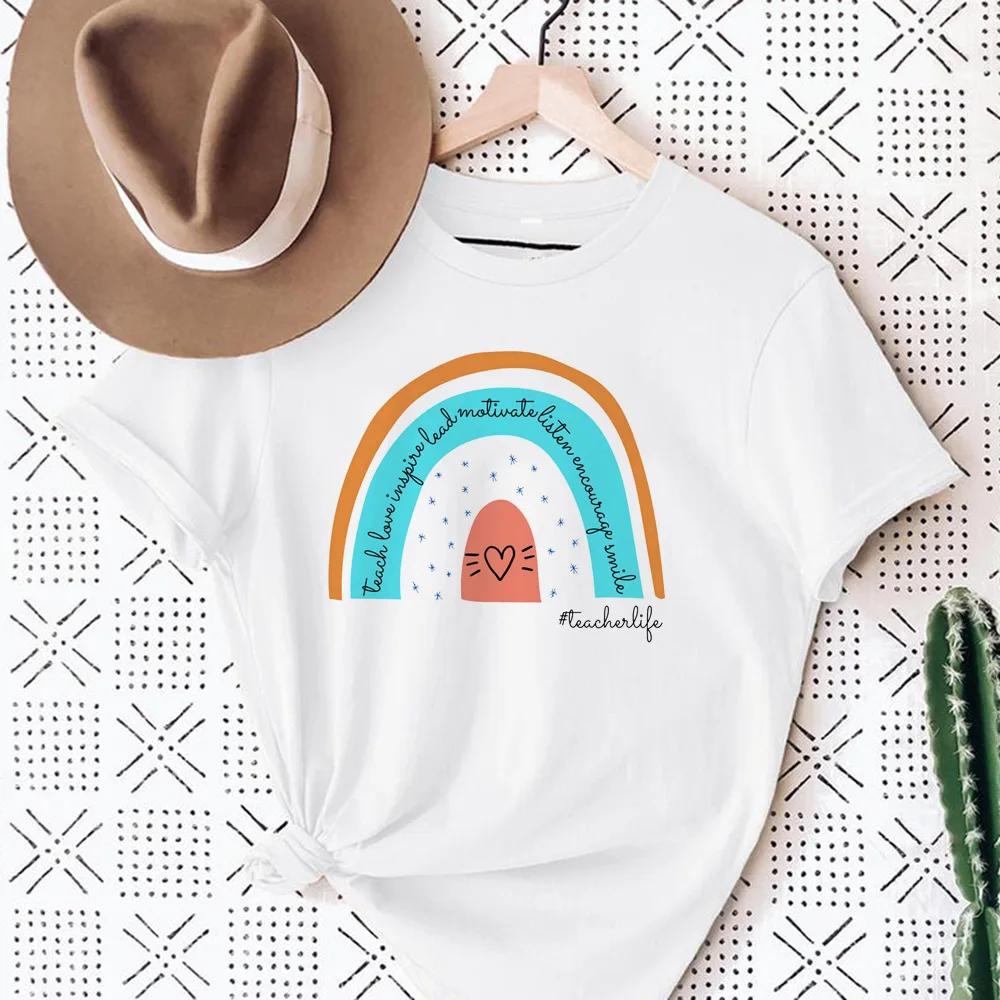 Womens Teach Love Rainbow Mama Graphic TShirt Harajuku Style Aesthetic Rainbow Print Modal Dress Casual Top for Women Cartoon