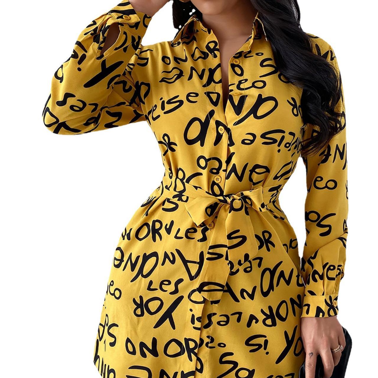 

European & American Style Women s Print Cardigan Lapel Loose Shirt Dress XXL