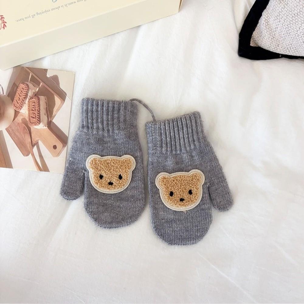 With Ropes Cartoon Bear Gloves Solid Color Full Finger Gloves Cute Knitted Mittens  Winter Season