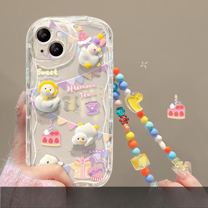 Applicable To Apple 16pro Mobile Phone Case IPhone 15 Cute Cartoon Duck Doll Chain 14/13 Transparent Silicone XR