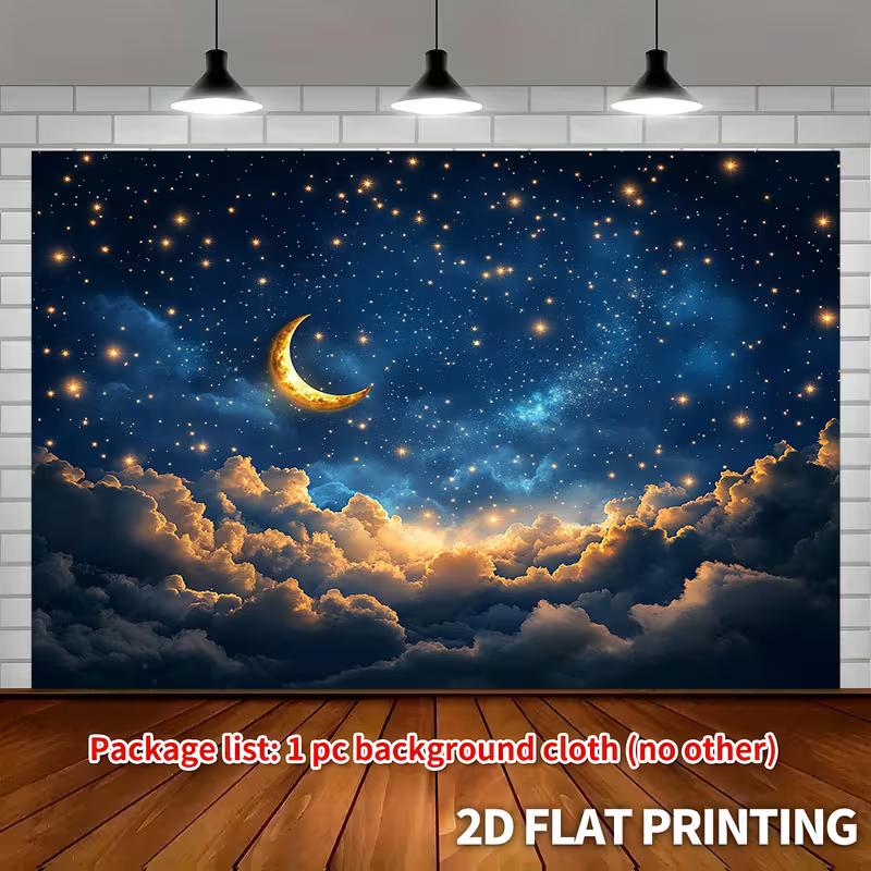 2D Dreamy Moon Tapestry Golden Crescent, Starry Sky and Sunlit Clouds Wall Art