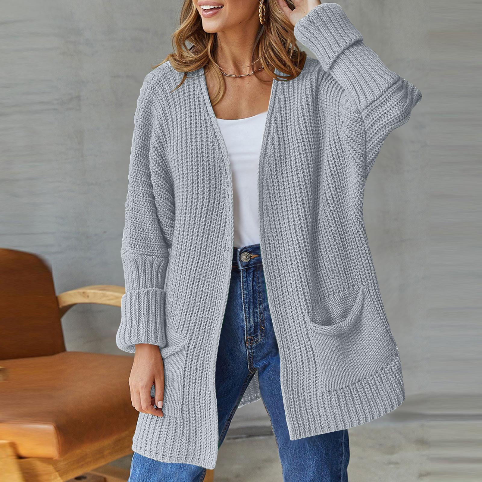 Women s Large Size Knit Sweater Cardigan Sleeve Loose Mid-Length Jacket With Pockets XL