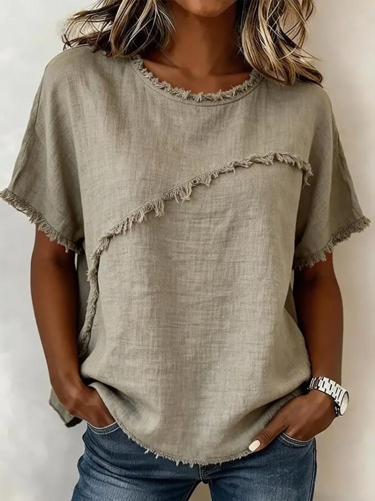 Women Loose Fit Short Sleeve Round Neck T-shirt with Distressed Raw Edge Seam Multi Colors S хаки