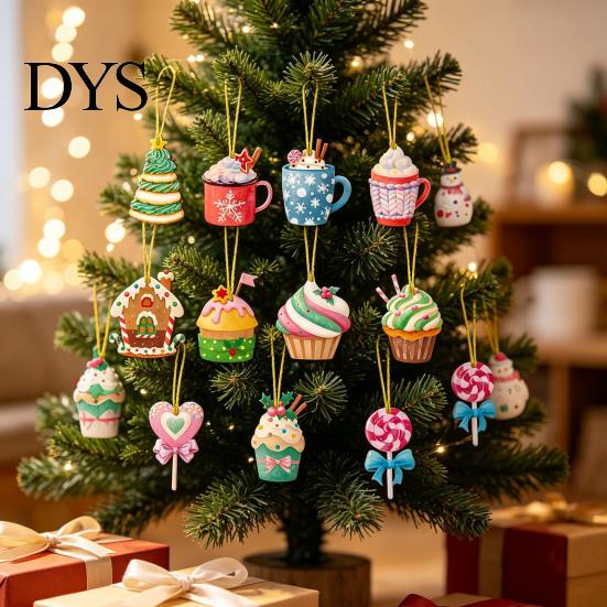 Festive Hanging Gift Pendants Christmas Wooden Ornament, Lollipop Cupcake Ice Cream Popsicle Kindergarten Supplies Decorations for Xmas Tree, Window,