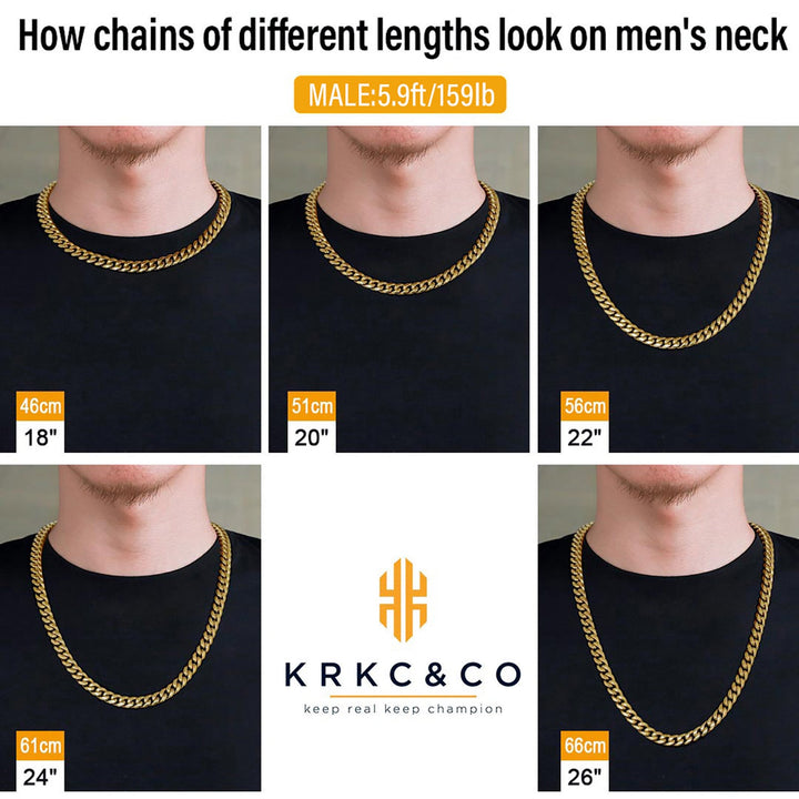 KRKC  Jewelry 8mm 10mm 12mm 18K Gold PVD Stainless Steel Miami Cuban Link Necklace Fold Over Clasp Mens Chains