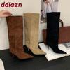 Moda Moda Flok Kobiety Kozaki do Kolan Nowoczesne Buty na Obcasie Szpiczasty Nosek Impreza Panie Długie Buty Damskie Wsuwane Buty Czółenka