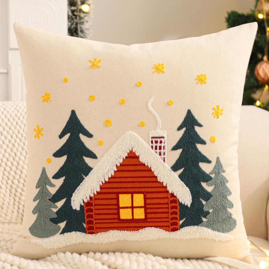 Embroidery Throw Pillow Cover Christmas Decoration Canvas Christmas Tree Forest Winter Farmhouse Home Sofa Living Room
