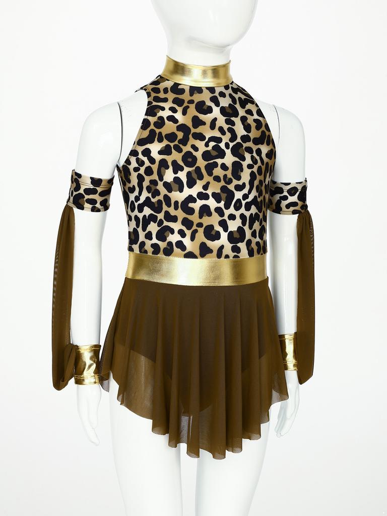 Girls Prehistoric Costume Leopard Print Dress with Built-in Briefs & Oversleeves Metallic Gloss for Performance