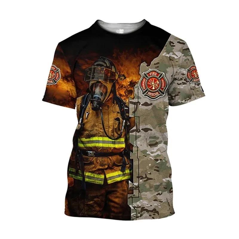 Firefighter Fire Simulation Drill Pattern 3D Print Cross-border New Men's Casual Short-Sleeve T-Shirt Factory Direct Sale