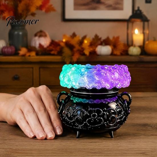 Purple LED Mist Maker Halloween Cauldron Bubble Light, Light-up Witch Candle Holder, Mantle Display Color Changing Spooky Potion Lamp for Party