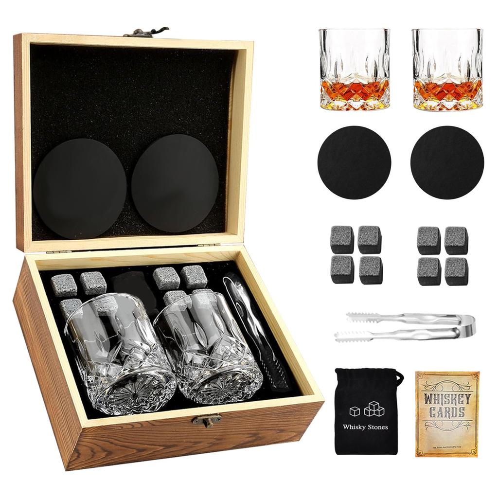 Manufacturer's Bestseller Premium Bar Accessories Whiskey Glass Set 2 Glasses 8 Stone Wooden Box Granite Ice Stone for Various