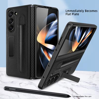 With S Pen Slot For Samsung Galaxy Z Fold 5 Case Hinge Leather 360 Full Screen Protector Cover Fold 4 3 Cases Magnetic Kickstand