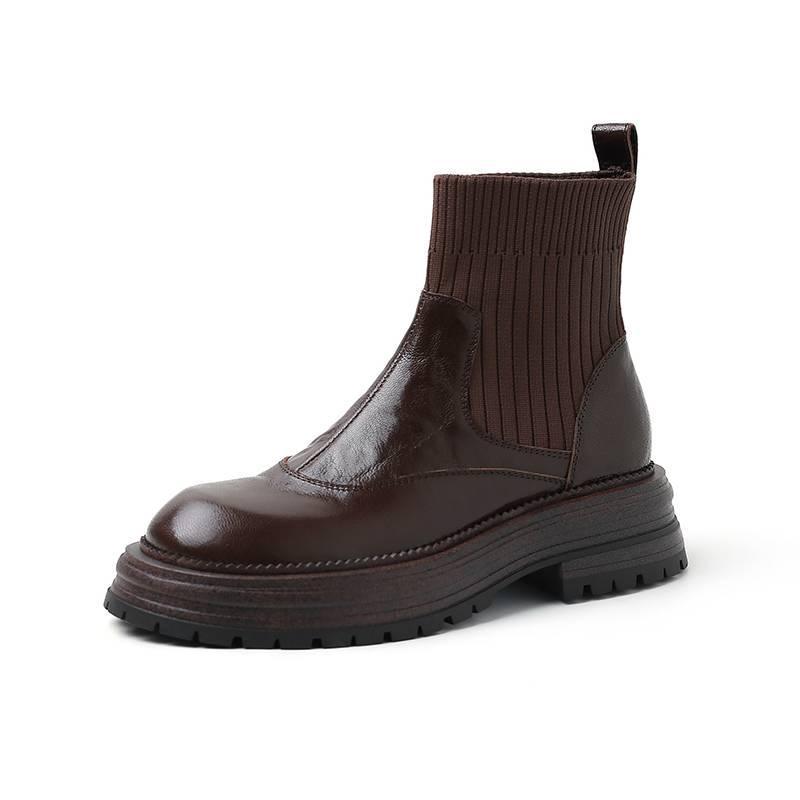 Versatile Thick-soled Sleeve Knight Boots Women's Medium Heel Round Head Solid Color Cowhide Low Boots Autumn and Winter Genuine Leather Large Size Wo