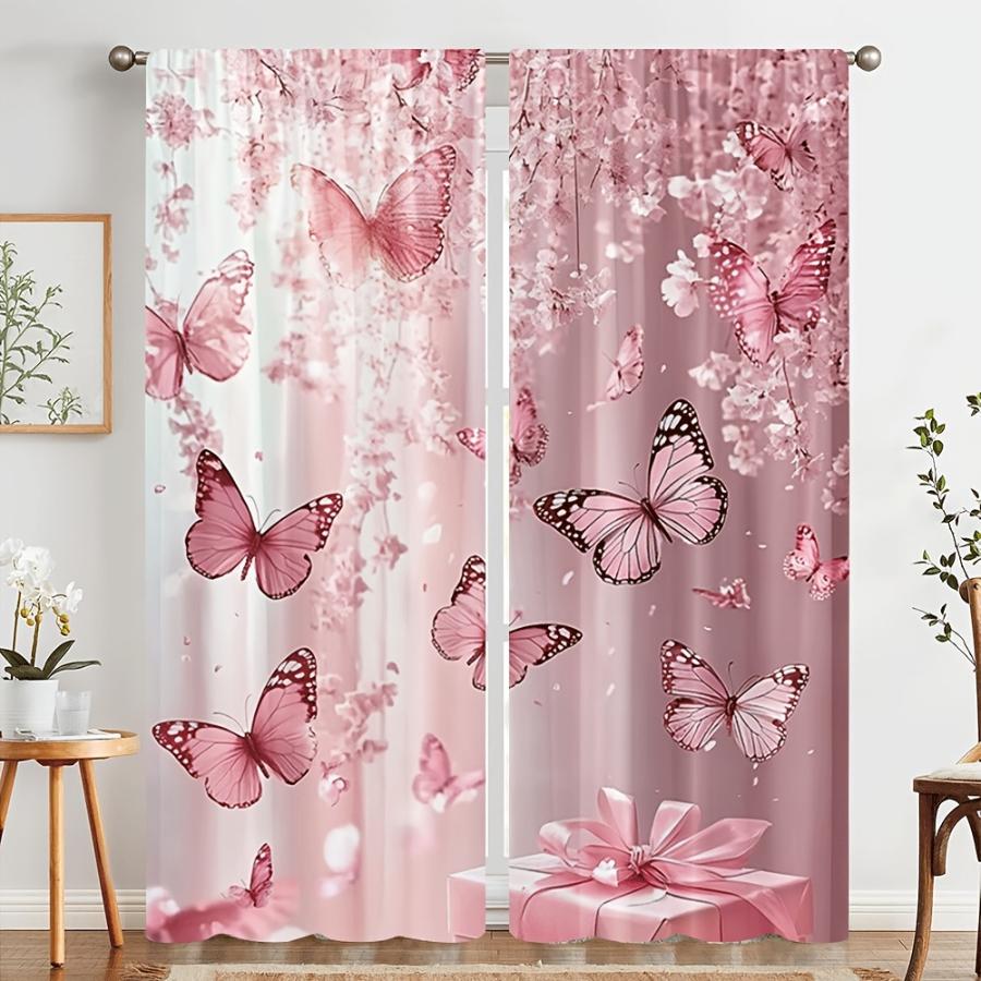 2PCS Digital Printed Curtains, Sakura Cherry Blossom Butterfly Pattern, Japanese Dreamy Soft Style for Bedroom Home Decor
